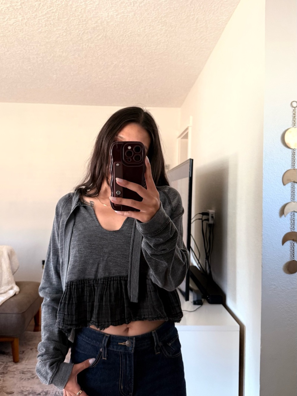 Free People Charcoal Gray Cropped Ruffle Hem Top